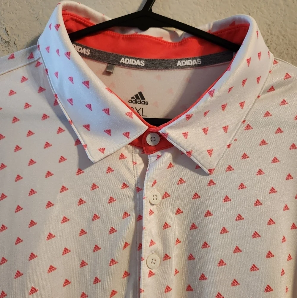 Adidas Men’s Hot Pink Polo Golf Shirt All Over Trefoil Print White size 2XL
